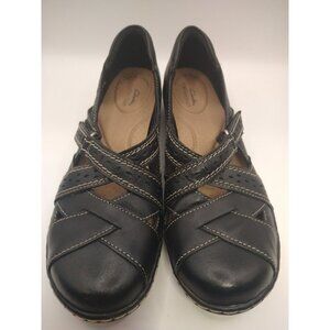 Clarks Womens Black Leather Slip-On Shoes With Stitch Detailing & Adjustable Str
